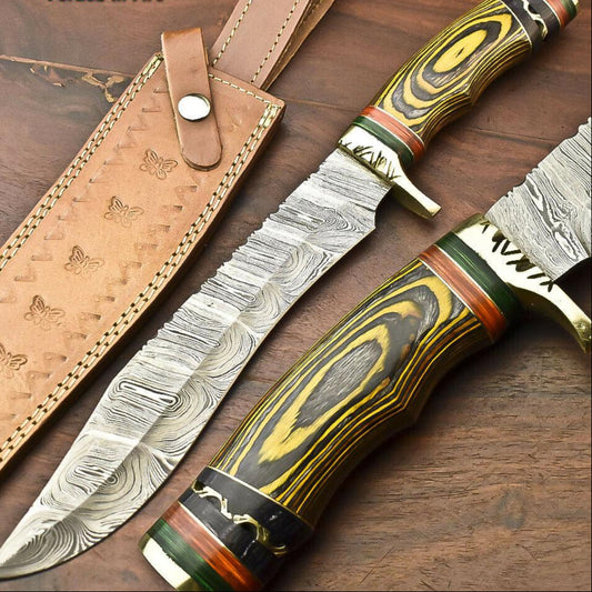 15" Custom Damascus Bowie Knife Damascus Steel Knife with Hardwood Handle & Sheath