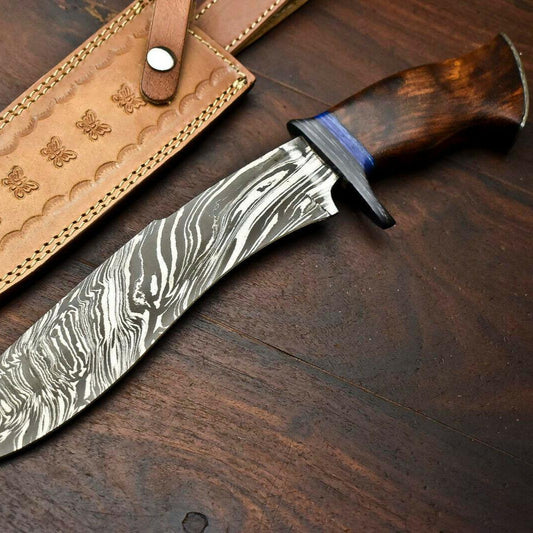 15" Custom Damascus Steel Bowie Knife – Walnut Wood Handle & Leather Sheath