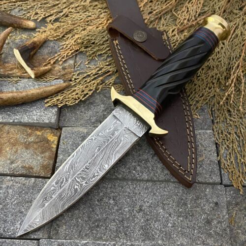 15" Custom Hand Forged Damascus Dagger Bowie – Hunting Knife with Leather Sheath