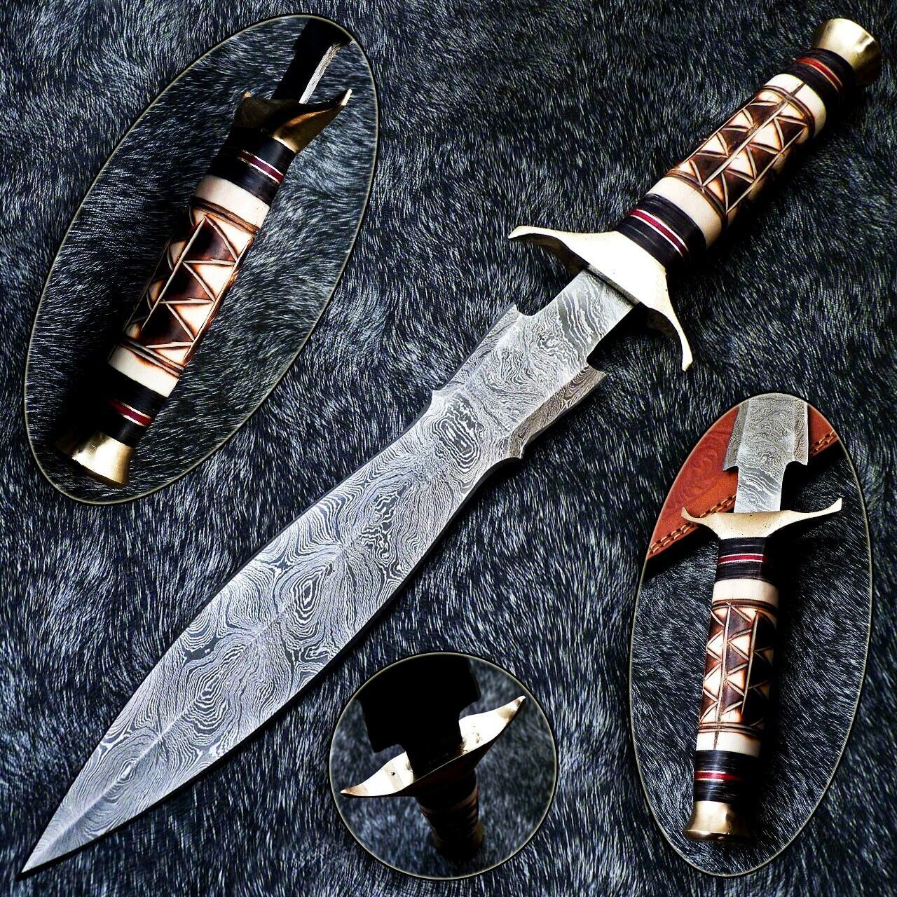 15" Custom Hand Forged Damascus Dagger Hunting Bowie Knife – Engraved Camel Bone & Hardwood Handle