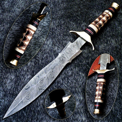 15" Custom Hand Forged Damascus Dagger Hunting Bowie Knife – Engraved Camel Bone & Hardwood Handle