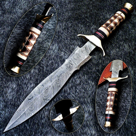 15" Custom Hand Forged Damascus Dagger Hunting Bowie Knife – Engraved Camel Bone & Hardwood Handle