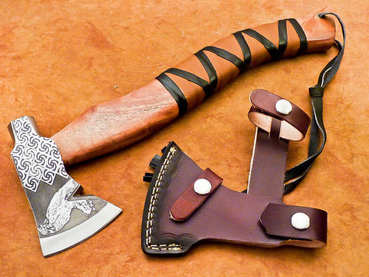 15” Custom Hand Forged Steel Axe Viking Bearded Axe with Natural Wood Handle & Sheath