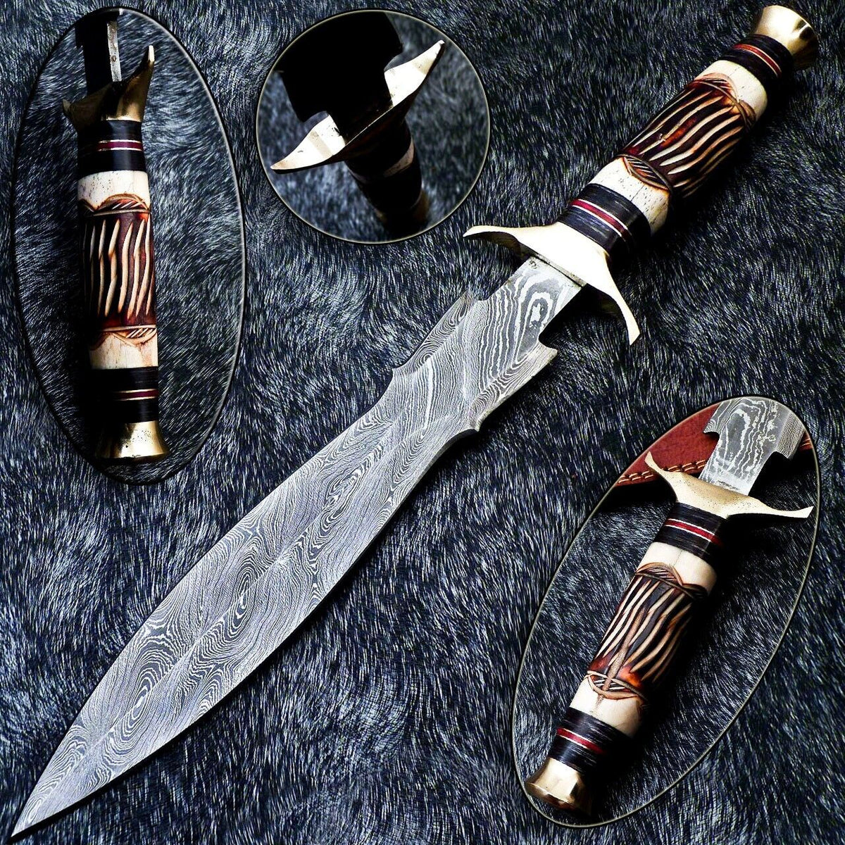 15" Custom Hand Forged damascus bowie Knife damascus steel knife With Bone & Hardwood Handle