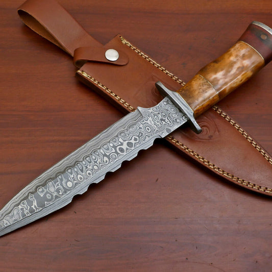 15" Custom Handmade Damascus Bowie Hunting & Camping Knife – Rose Wood & Camel Bone Handle