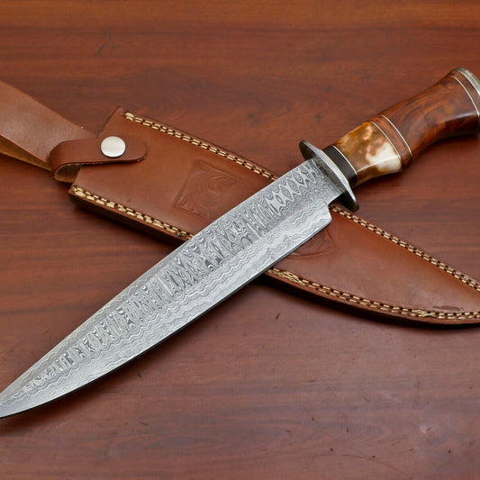 15" Custom Handmade Damascus Bowie Hunting Knife – Camel Bone & Rose Wood Handle