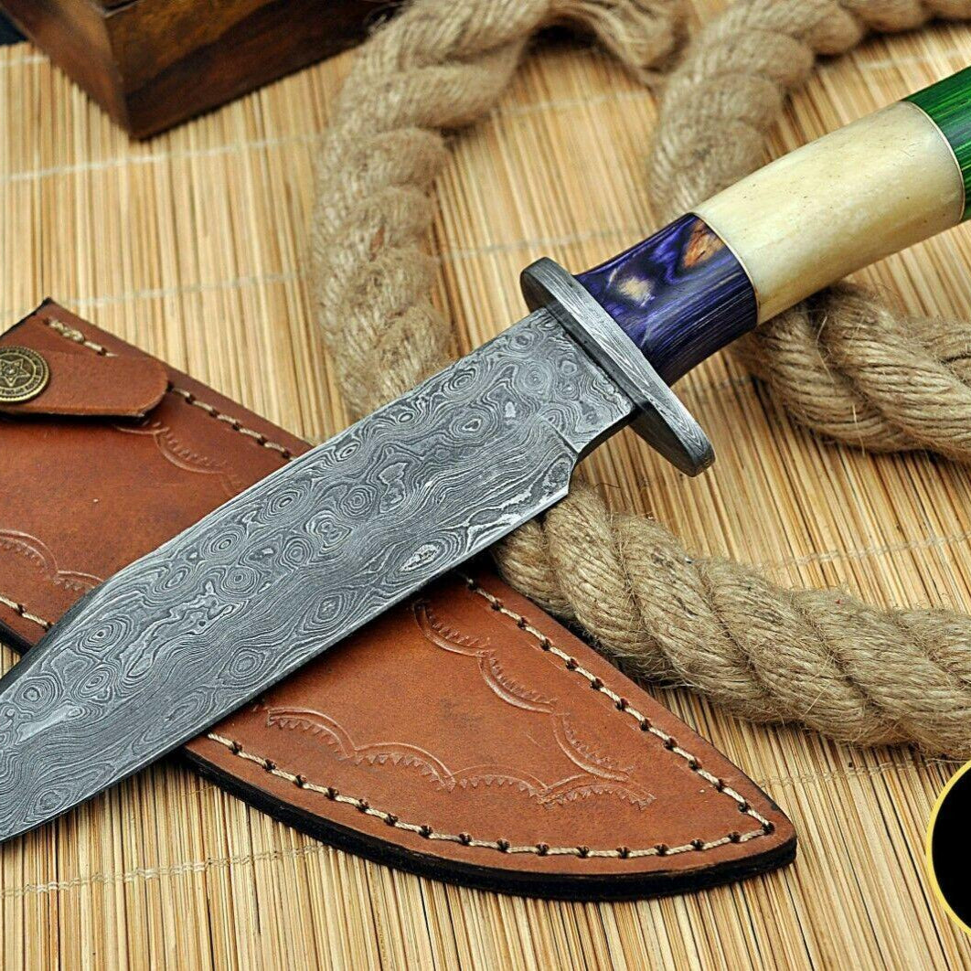 15" Custom Handmade Damascus Hunting Bowie Knife – Full Tang, Wood and  Bone Handle