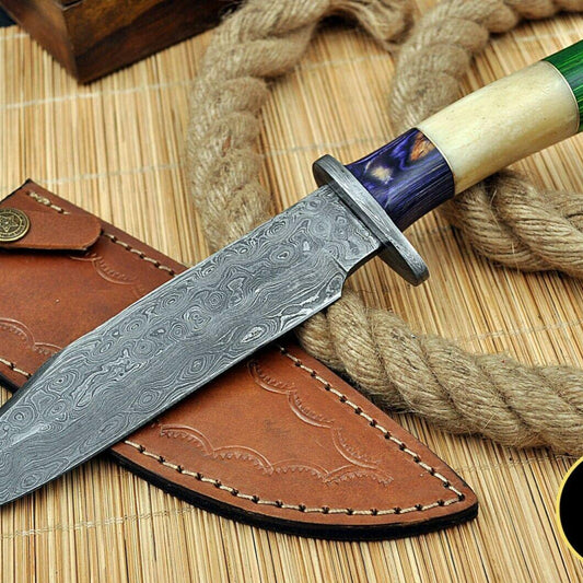 15" Custom Handmade Damascus Hunting Bowie Knife – Full Tang, Wood and  Bone Handle