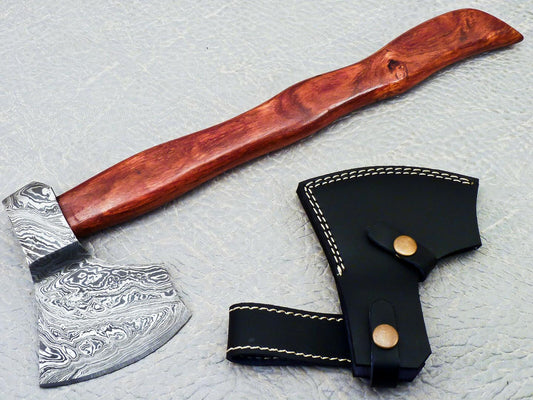 15" Custom Handmade Damascus Steel Axe With Natural Wood Handle and Leather Sheath