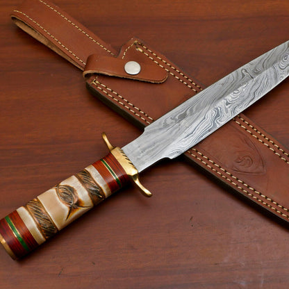15" Damascus Art Dagger Hunting Bowie Knife – Burn Engraved Camel Bone Handle