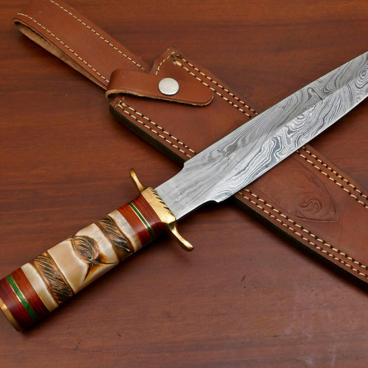 15" Damascus Art Dagger Hunting Bowie Knife – Burn Engraved Camel Bone Handle