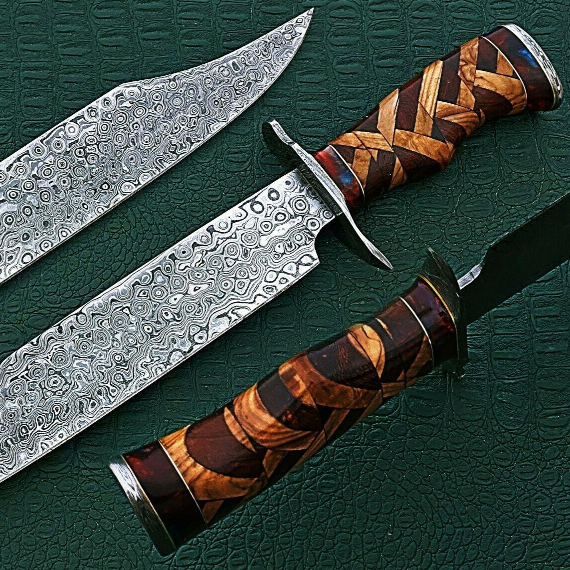 15" Damascus Bowie Knife – Bone Handle with Rain Drop Pattern