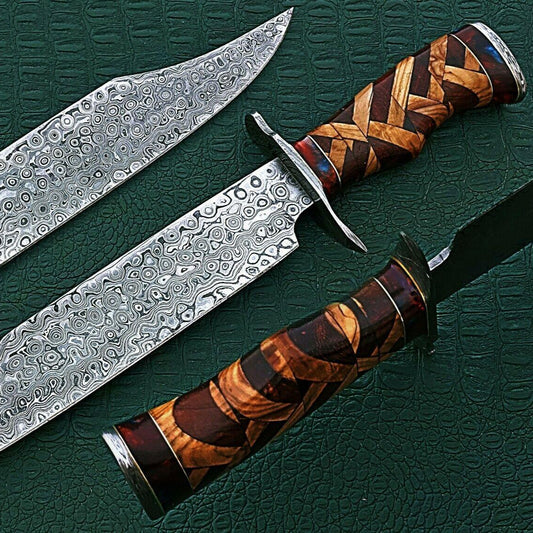15" Damascus Bowie Knife – Bone Handle with Rain Drop Pattern