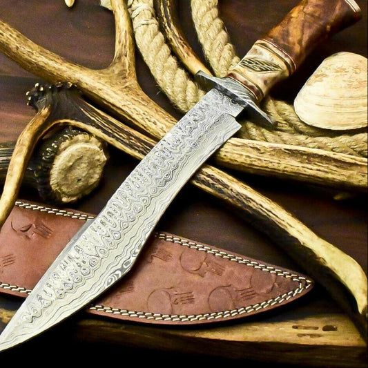 15" Damascus Bowie Knife – Camel Bone Handle & Leather Sheath
