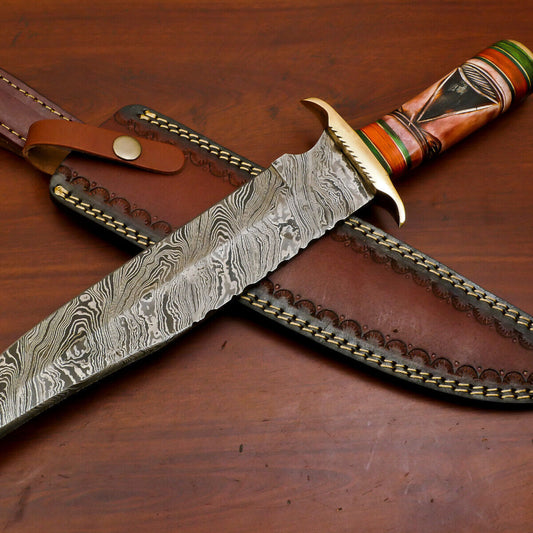 15" Damascus Bowie Knife | Camel Bone & Pakka Wood Handle 