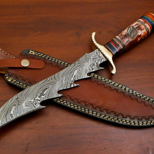  15" Damascus Bowie Knife – Camel Bone & Pakka Wood Handle with Brass Guard
