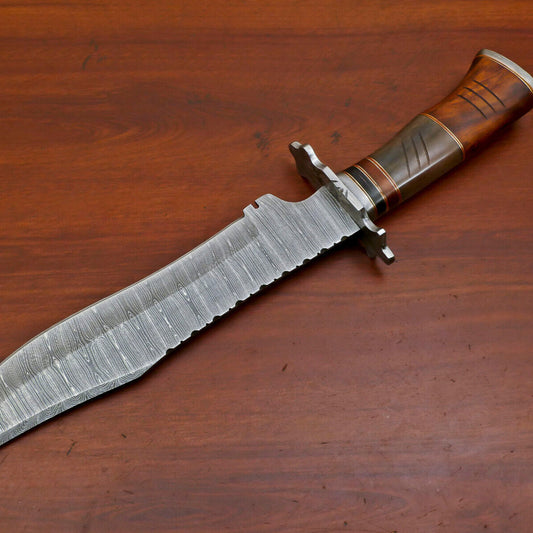  15" Damascus Bowie Knife – Camel Bone & Rosewood Handle with Forged Guard
