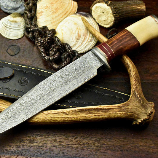 15" Damascus Bowie Knife | Camel Bone & Walnut Masterpiece