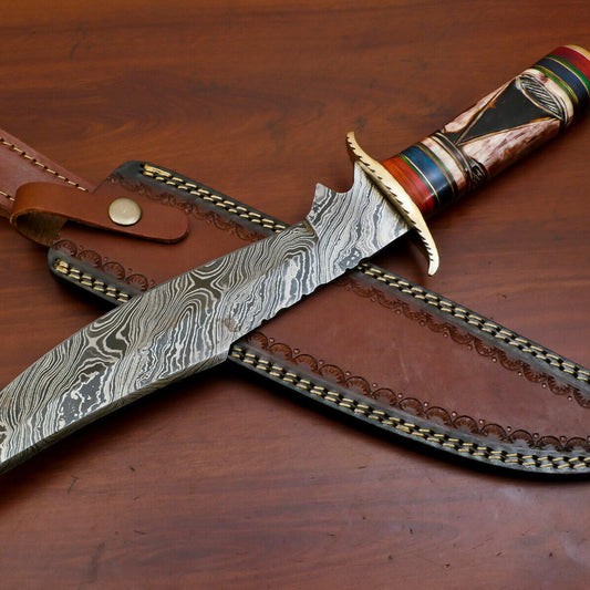15" Damascus Bowie Knife – Camel Bone & Pakka Wood Handle with Brass Guard