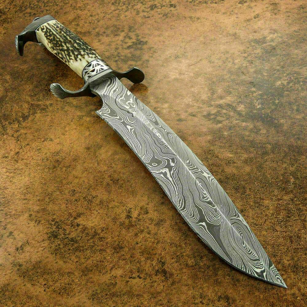 15" Damascus Bowie Knife Damascus Steel Knife With Stag Antler Handle & Leather Sheath