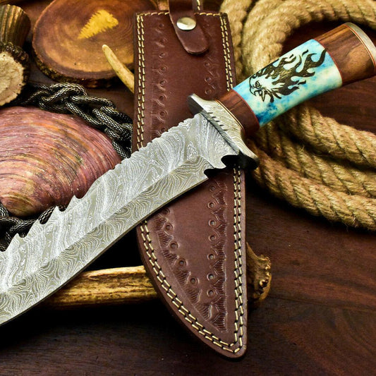 15" Damascus Bowie Knife Damascus Steel Knife with Camel Bone & Leather Sheath