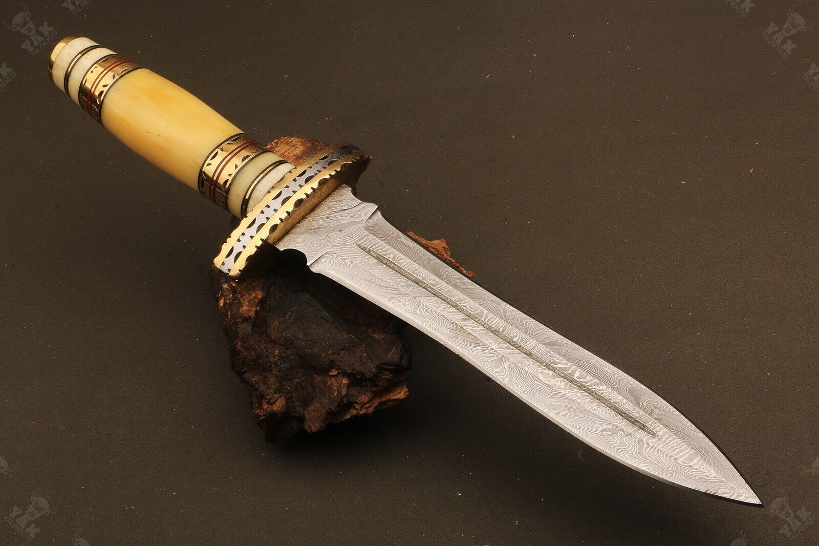 15" Damascus Bowie Knife Damascus Steel Knife with Ladder Pattern Blade & Bone Handle
