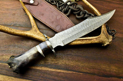 15" Damascus Bowie Knife Damascus Steel Knife with Polished Camel Bone Handle & Sheath