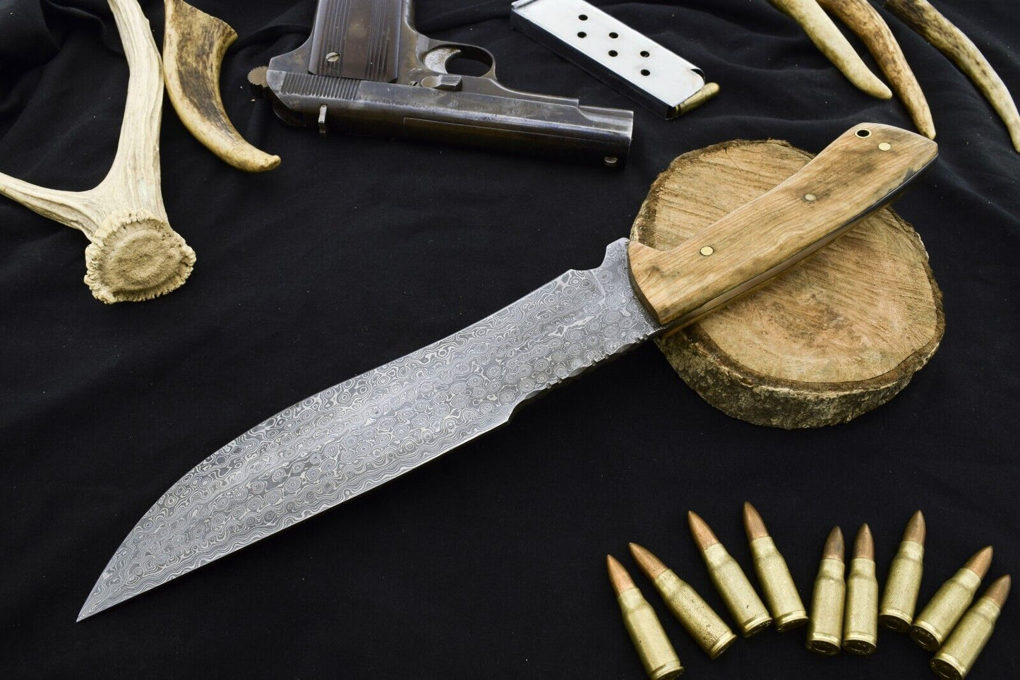 15" Damascus Bowie Knife Damascus Steel Knife with Rosewood Handle & Leather Sheath