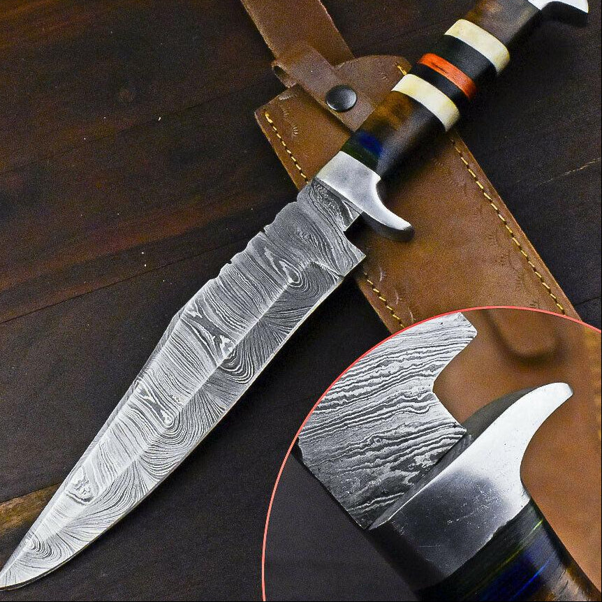 15" Damascus Bowie Knife Damascus Steel Knife with Walnut Wood Handle & Leather Sheath