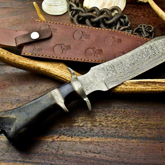 15" Damascus Bowie Knife – Engraved Camel Bone Handle