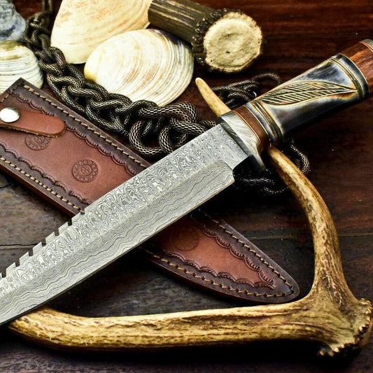 15" Damascus Bowie Knife – Engraved Camel Bone Handle & Leather Sheath