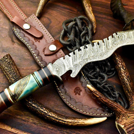 15" Damascus Bowie Knife | Farms Camel Bone Handle