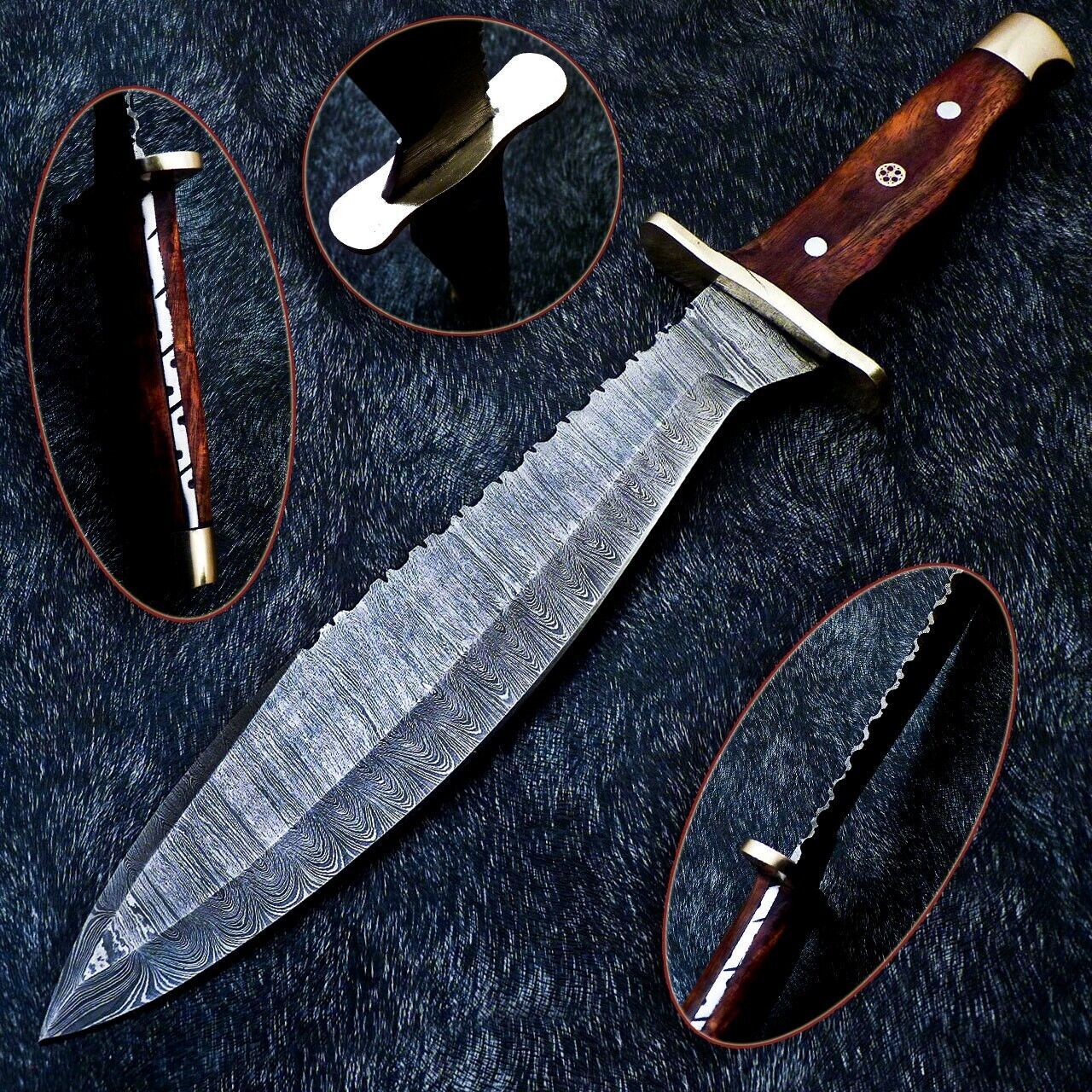  15" Damascus Bowie Knife – Natural Wood Handle with Mosaic Pin
