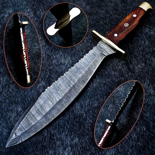  15" Damascus Bowie Knife – Natural Wood Handle with Mosaic Pin
