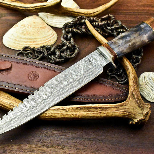 15" Damascus Bowie Knife | Premium Camel Bone Handle