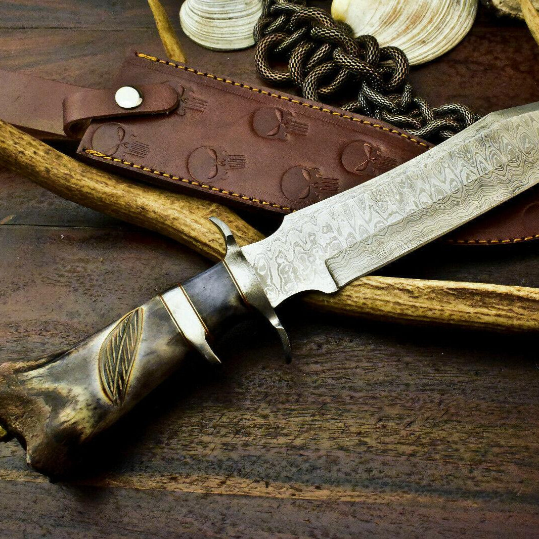 15" Damascus Bowie Knife – Stained Camel Bone Handle & Leather Sheath