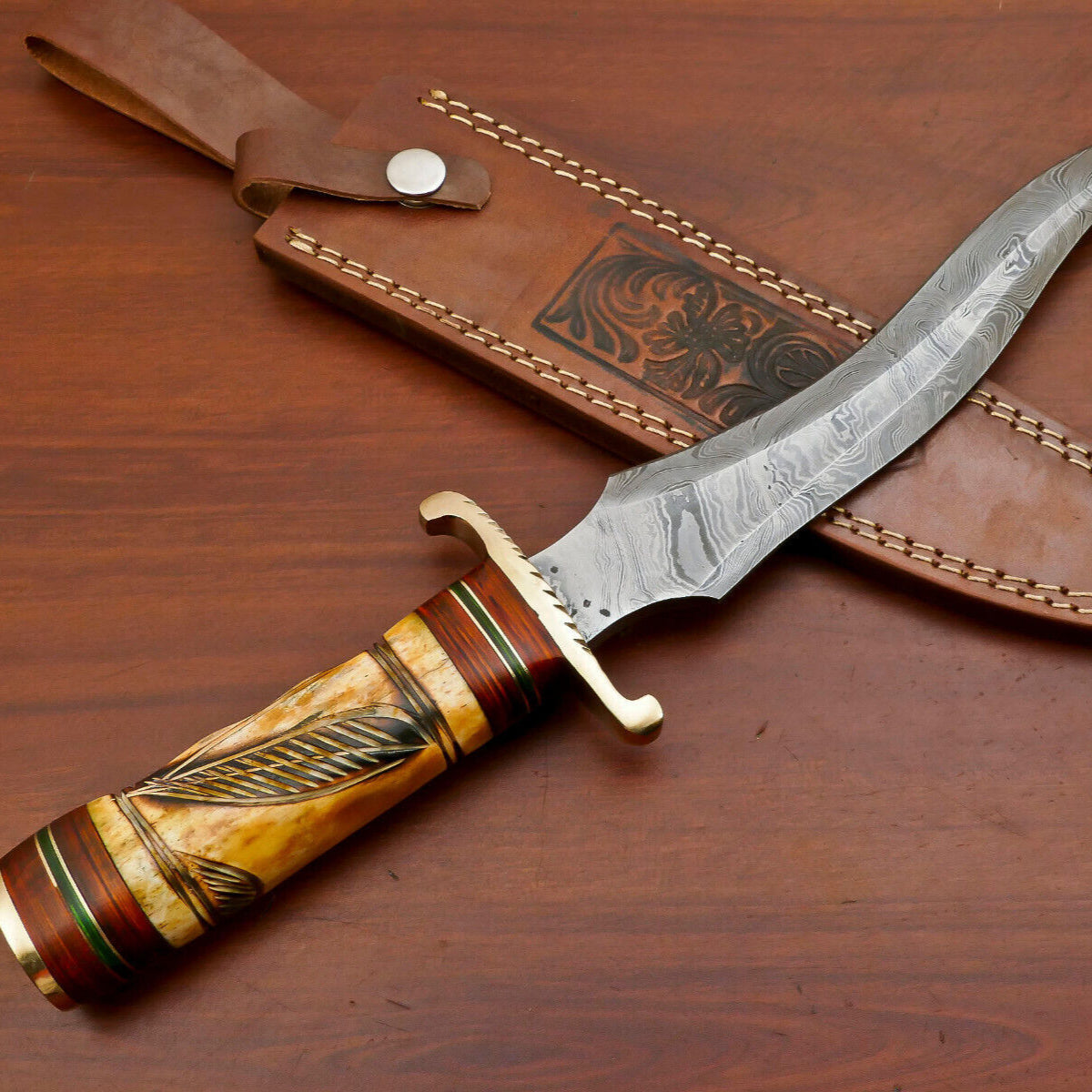15" Damascus Bowie Knife – Stained Engraved Bone & Pakka Wood Handle with Brass Guard

