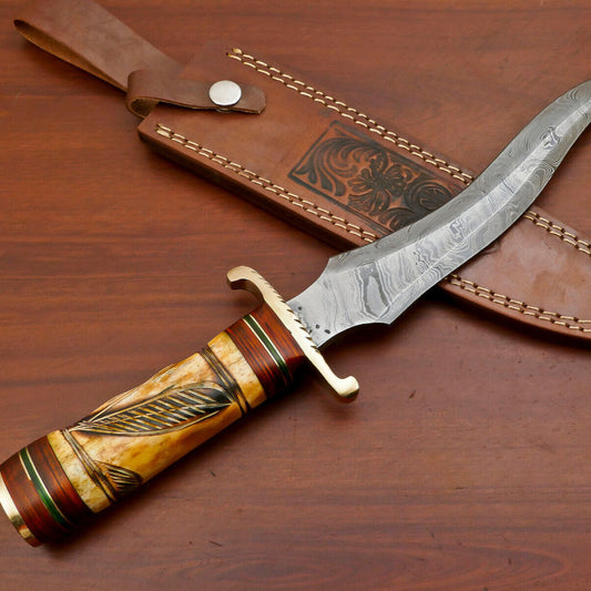 15" Damascus Bowie Knife – Stained Engraved Bone & Pakka Wood Handle with Brass Guard

