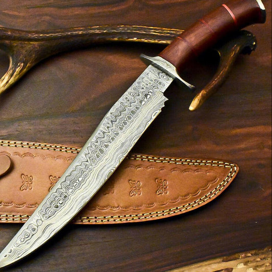 15" Damascus Bowie Knife | Walnut Wood Handle & Leather Sheath