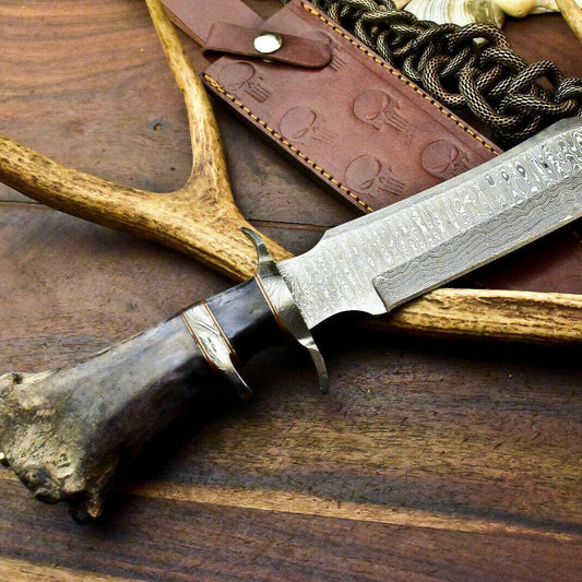 15" Damascus Bowie Knife with Camel Bone Handle & Leather Sheath