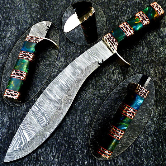 15" Damascus Hunting Kukri Knife – Resin Handle with Brass Bolster