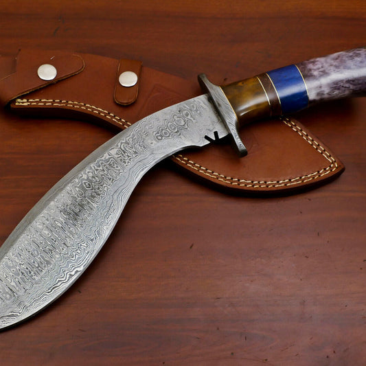 15" Damascus Kukri Bowie Knife – Camel Bone & Rosewood Handle