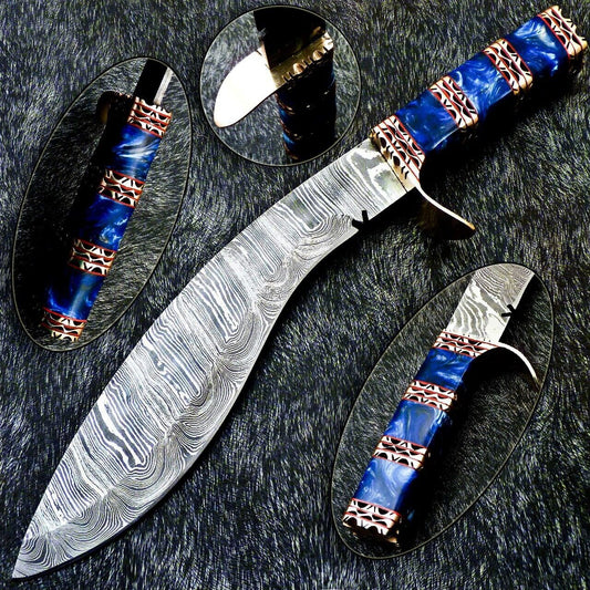 15" Damascus Kukri Hunting Knife – Resin Handle with Brass Accents