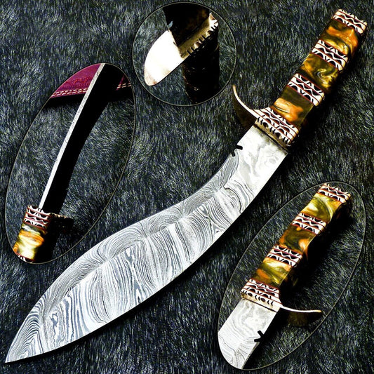 15" Damascus Kukri Hunting Knife – Resin Handle with Engraved Brass Accents
