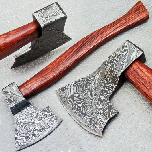 15" Handmade Damascus Steel Axe | Unique Hunting Axe With Natural Wood Handle