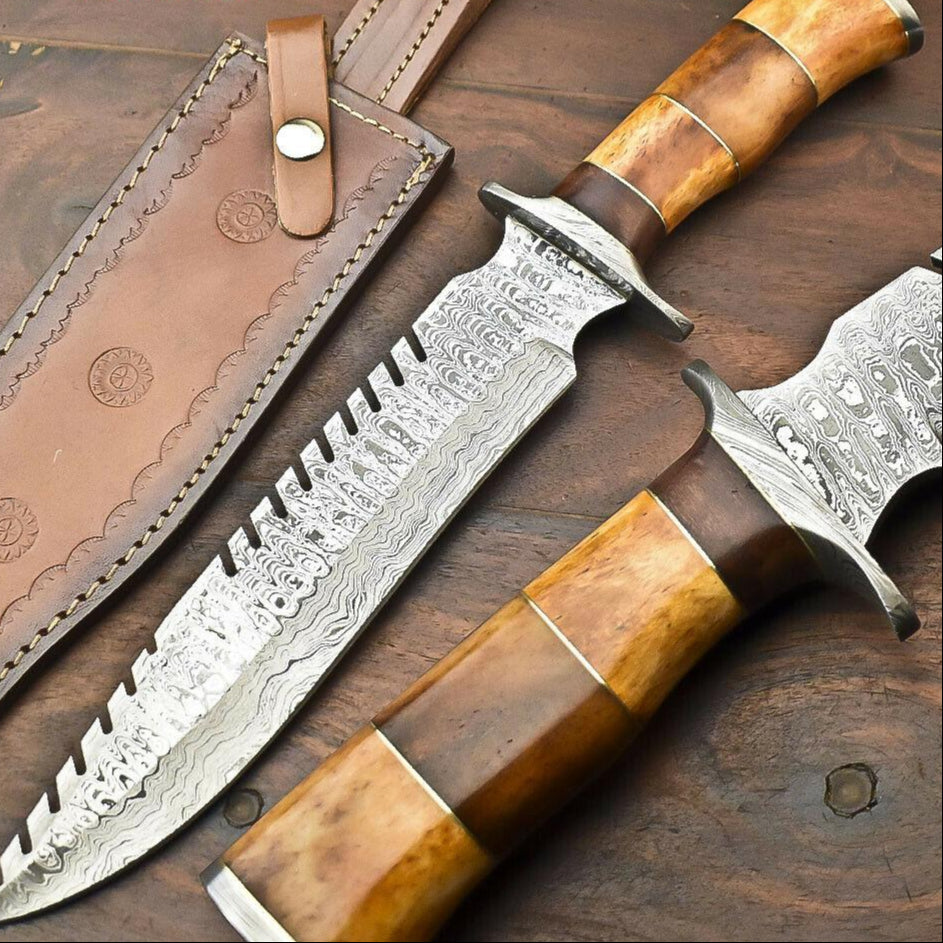 15" Damascus Steel Bowie Knife – Camel Bone Handle