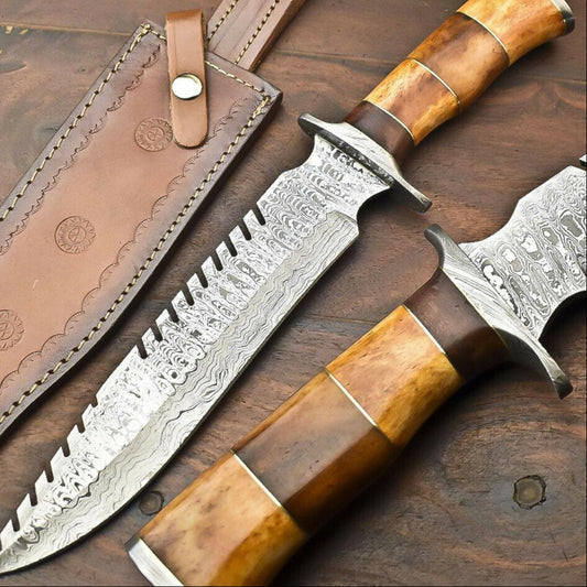 15" Damascus Steel Bowie Knife – Camel Bone Handle