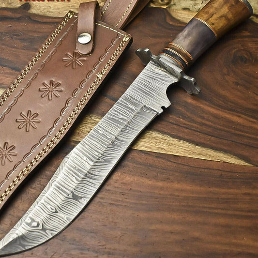 15" Damascus Steel Bowie Knife – Camel Bone Handle, Hunting Fixed Blade