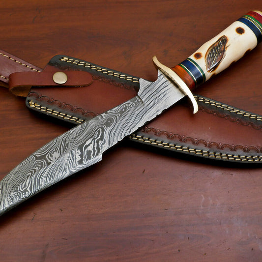 15" Damascus Steel Bowie Knife | Camel Bone & Pakka Wood Handle 
