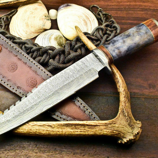 15" Damascus Steel Bowie Knife – Engraved Camel Bone Handle